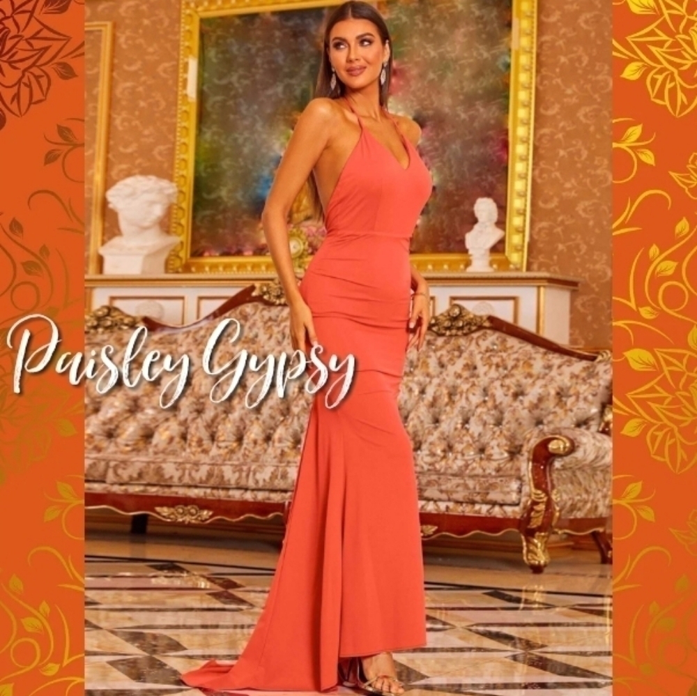 Stunning Double Deep V Fit and Flare Halter Evening Gown in Deep Coral O… - Picture 4 of 9
